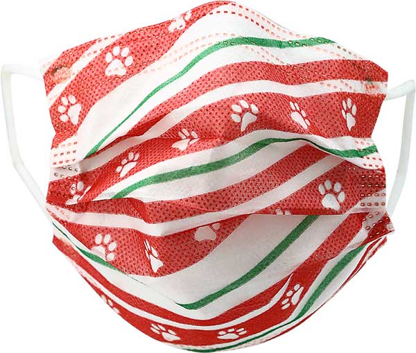 Holiday Paws Kid's Face Mask disposable with paw prints on red ribbon