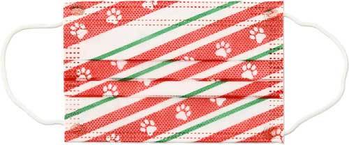 Holiday Paws Kid&#39;s Face Mask disposable with paw prints on red ribbon flat view