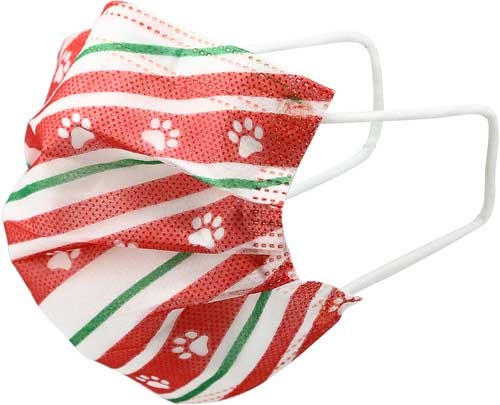 Holiday Paws Kid&#39;s Face Mask disposable with paw prints on red ribbon side view