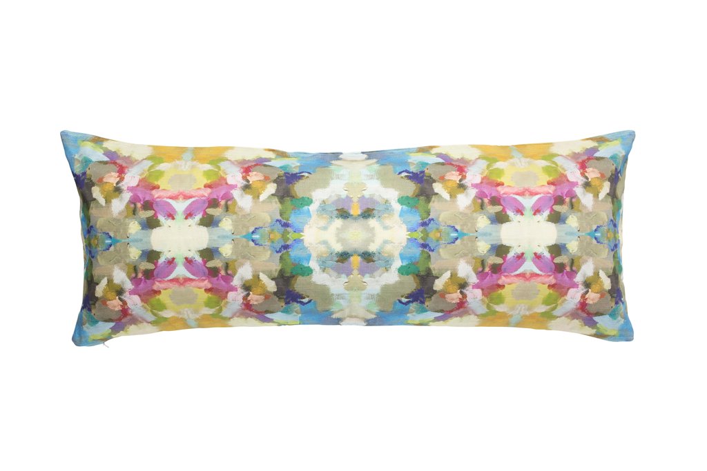 Indigo Girl Blue linen pillow with vivid blues and greens from Laura Park Designs. Bolster pillow