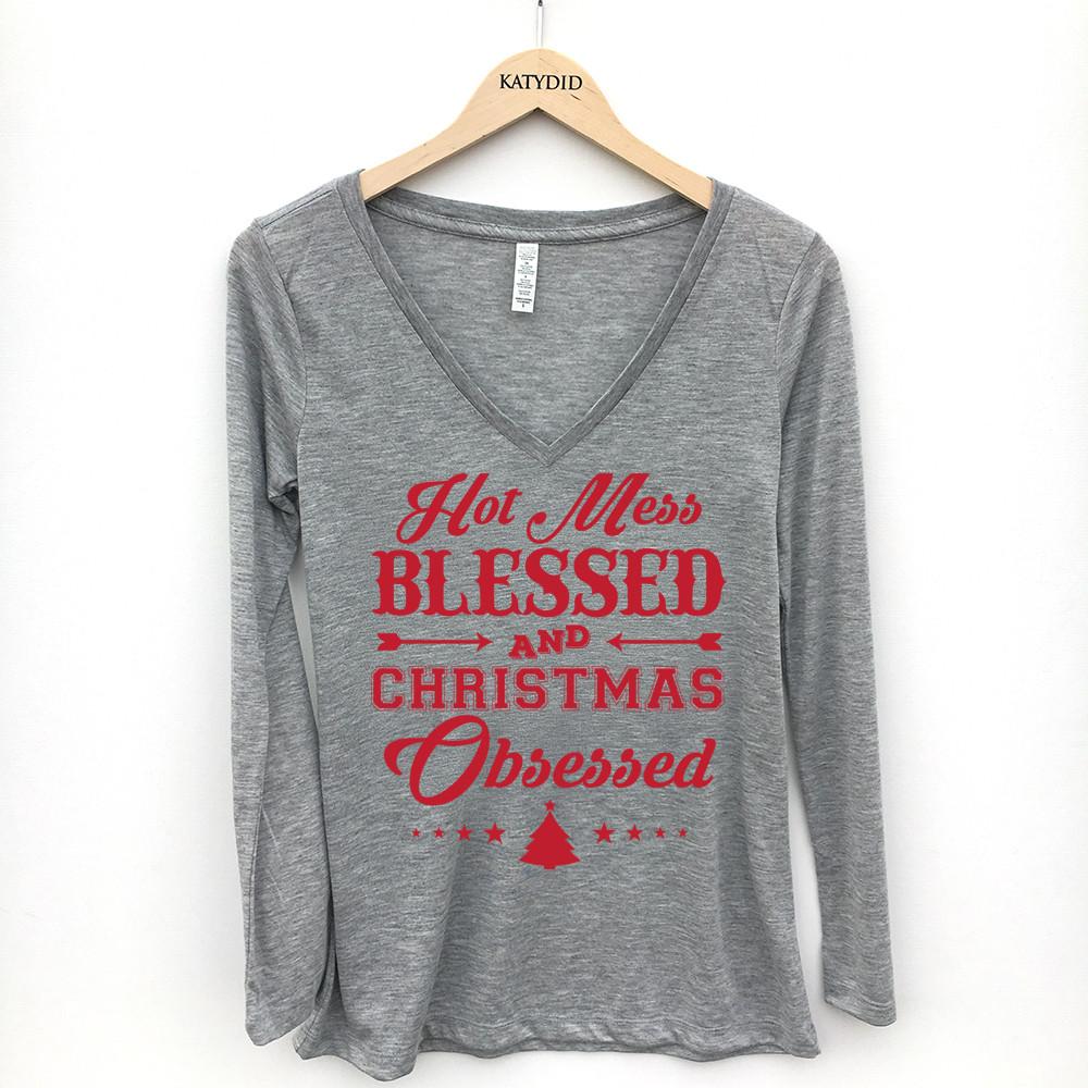 Hot Mess Blessed And Christmas Obsessed Long-sleeve Tee  fitted v-neck polyester/viscose blend