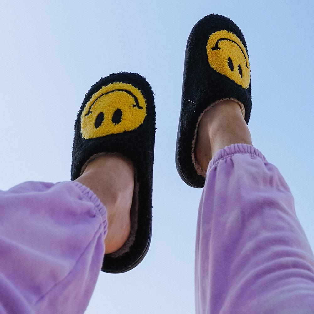 Black Fuzzy Happy Face Slippers
