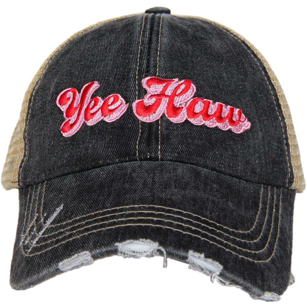 Yee Haw Trucker Hat with pink embroidered Yee Haw on front panel, distressed look