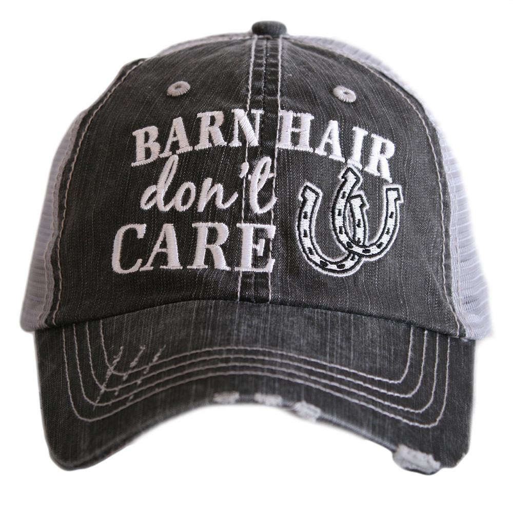 Barn Hair Don&#39;t Care embroidered trucker hat with silver horseshoes by Katydid