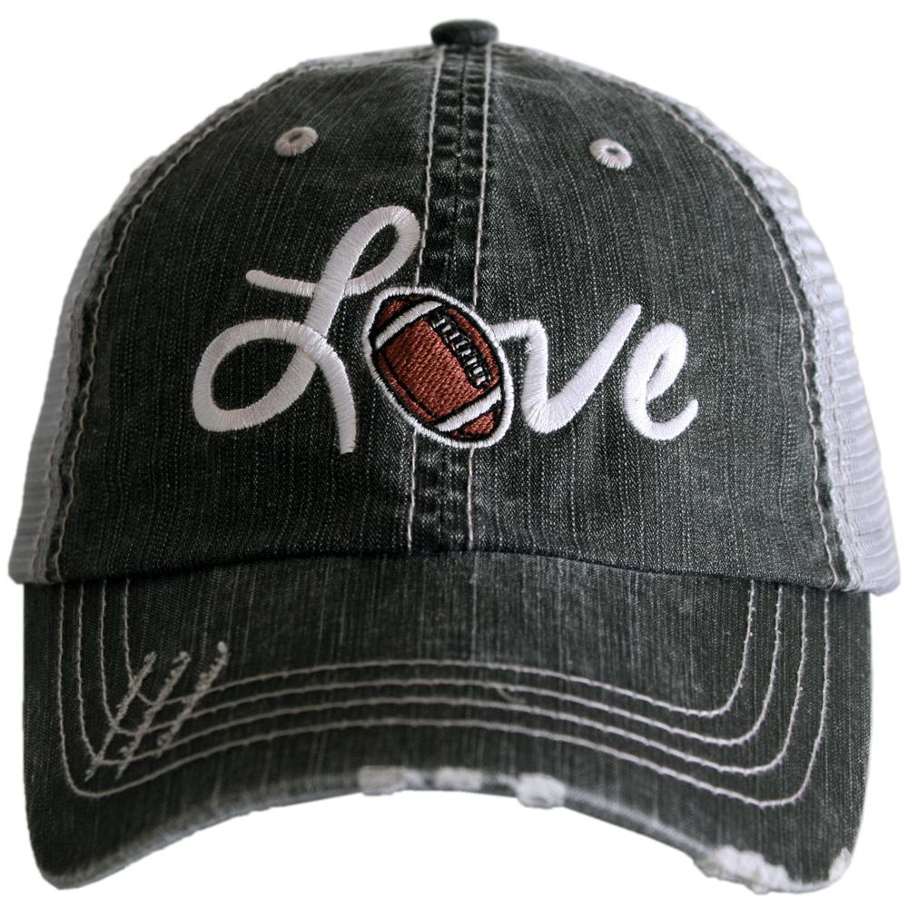 Love Football Women's Trucker Hat with embroidered Love and football, from Katydid. Lifestyle image