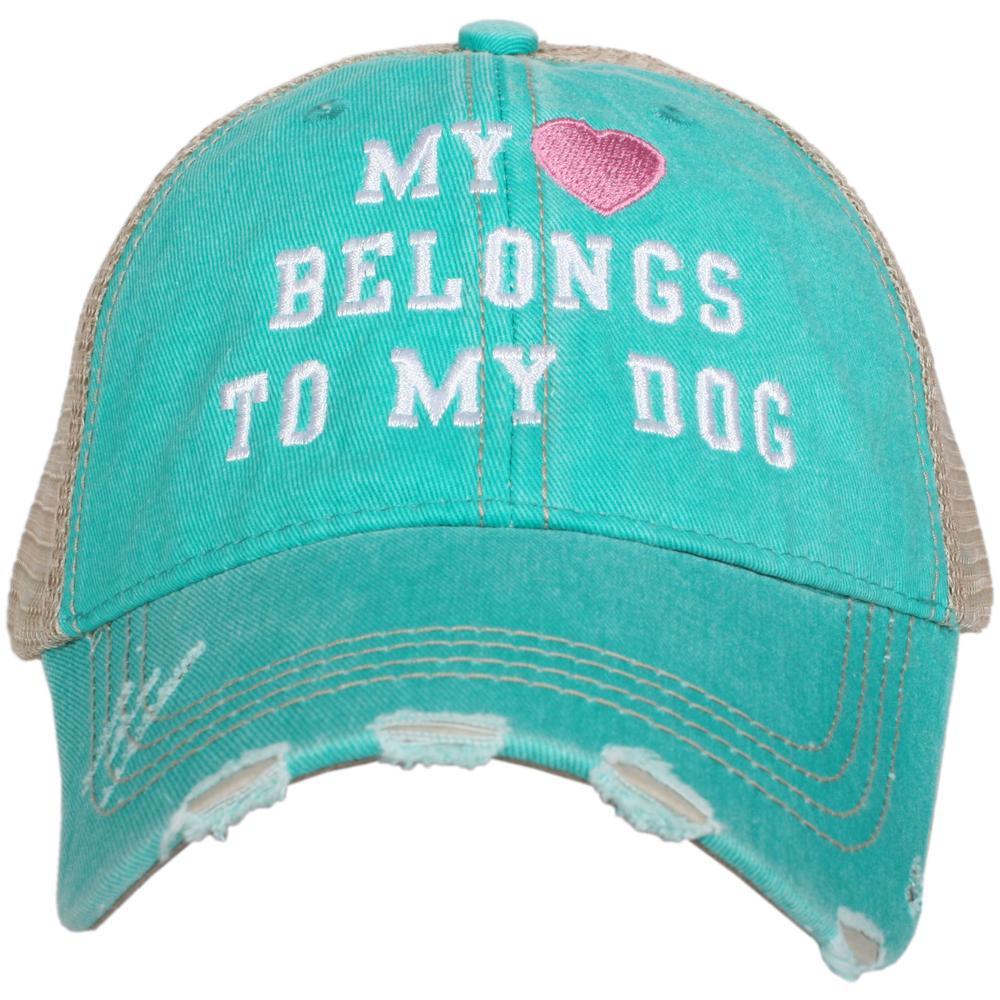 My Heart Belongs To My Dog women's trucker hat in teal from Katydid in models hand