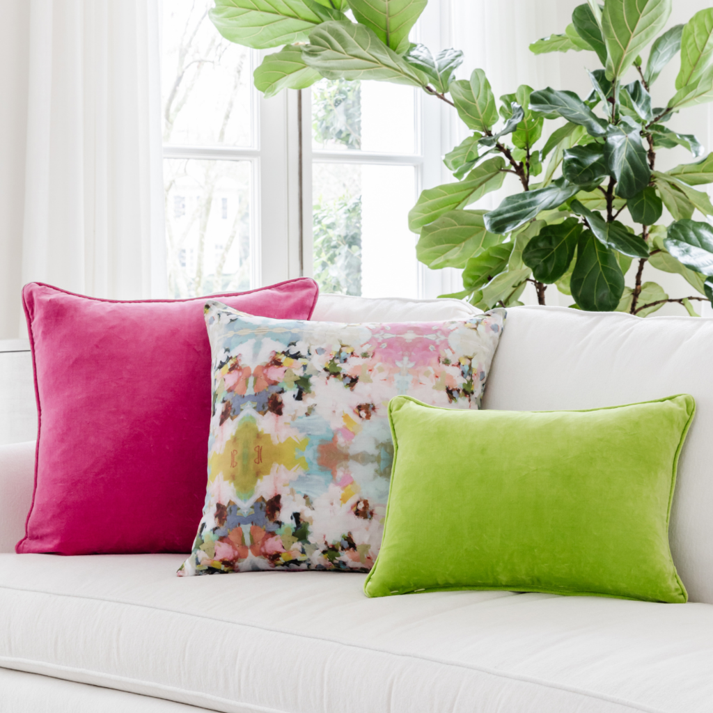 Little Chapel 22&quot; square throw pillow from Laura Park Designs sofa display