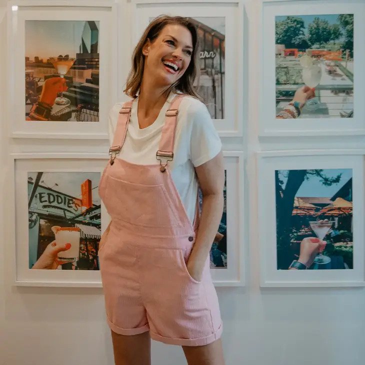 Light Pink Corduroy Overalls with a red tee shirt