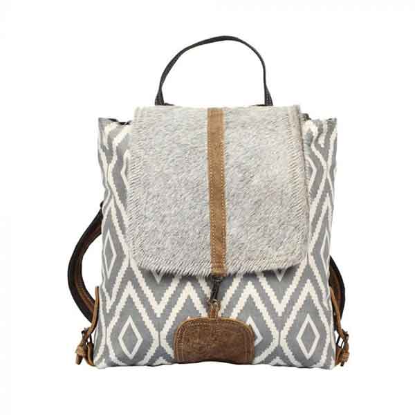 Artist Impression Backpack Bag of upcycled canvas with hairon flap from Myra Bag