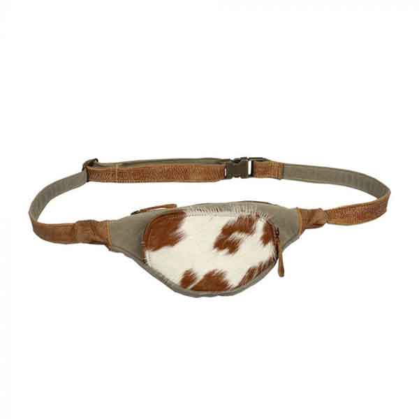 Olive colored fanny pack of canvas and hair-on leather from Myra Bag