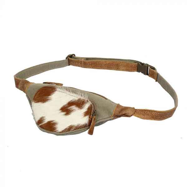 Olive colored fanny pack of canvas and hair-on leather from Myra Bag