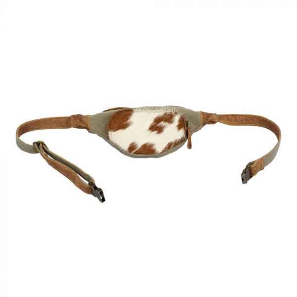 Olive colored fanny pack of canvas and hair-on leather from Myra Bag back view