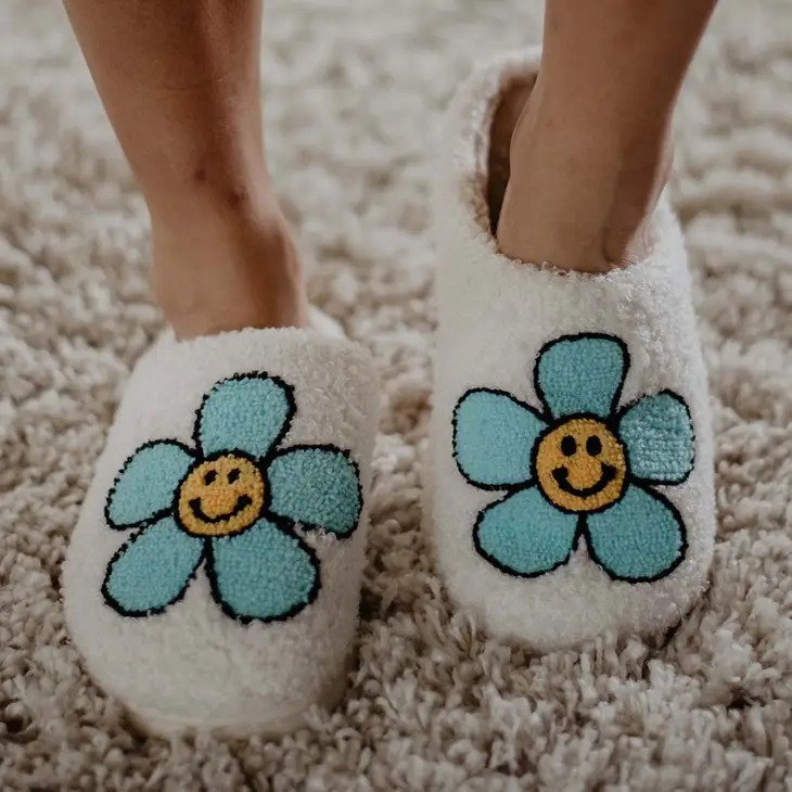 Mint Daisy Happy Face Slippers shown worn by model
