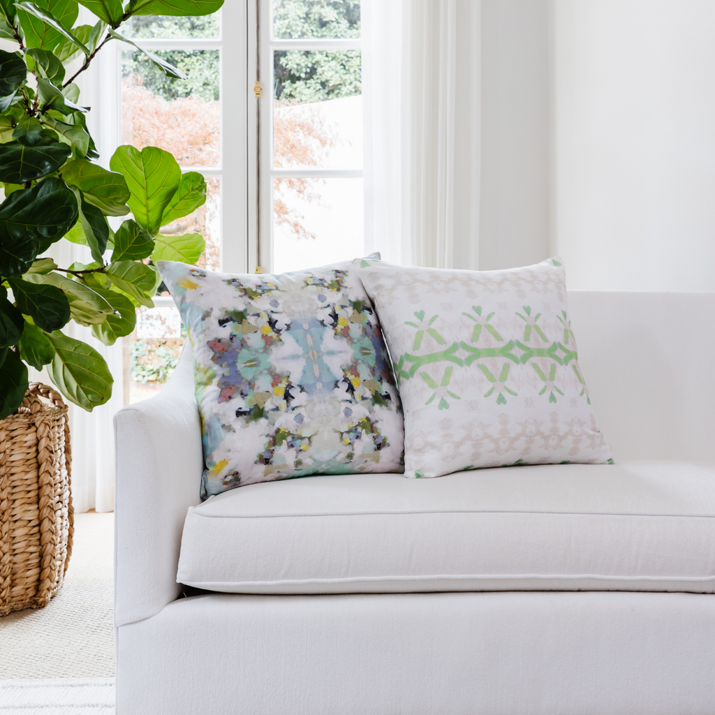 Parisian Green Linen Throw Pillow sofa display