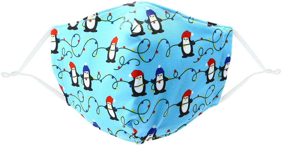 Penguins & Lights kid's mask with Penguins wearing caps stringing Christmas lights from Pavilion