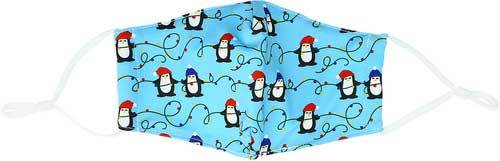 Penguins &amp; Lights kid&#39;s mask with Penguins wearing caps stringing Christmas lights flat view