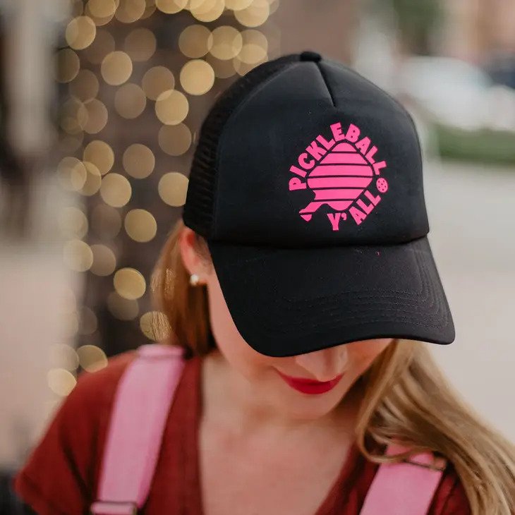Pickle Ball Y&#39;all Foam Trucker Hat in black with pink design