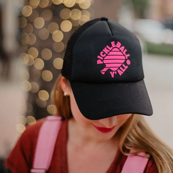 Pickle Ball Y'all Foam Trucker Hat in black with pink design