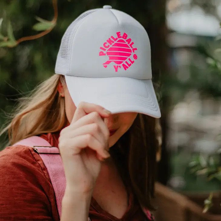 Pickle Ball Y'all Foam Trucker Hat in black with pink design