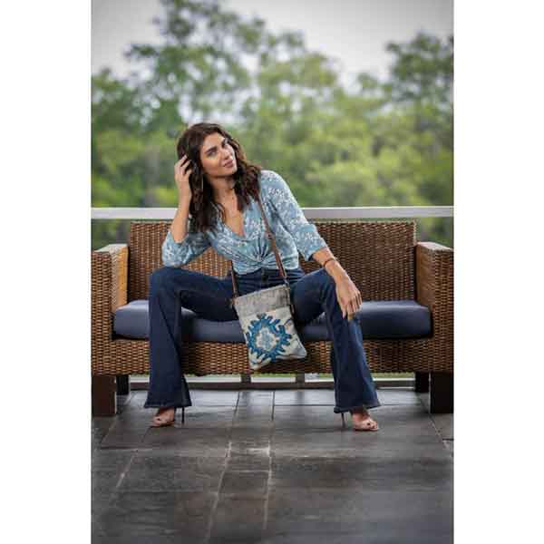 Bewitching Hues Crossbody Bag with eye-catching blue pattern from Myra Bag lifestyle view