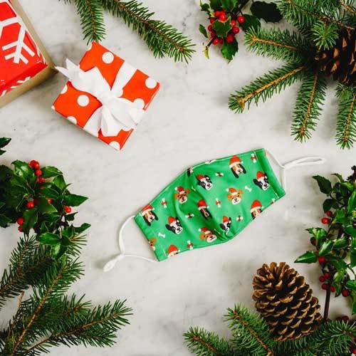 Santa Dog Kid&#39;s Mask with dogs in red caps and bones under tree