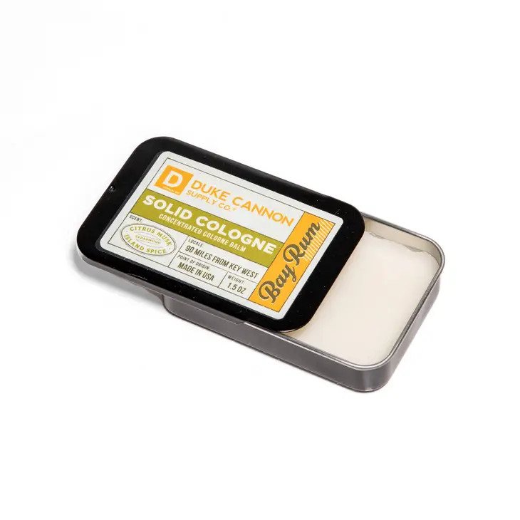 Solid Cologne, Bay Rum is 1.5 ounces of citrus musk, cedarwood, and island spices fragrance