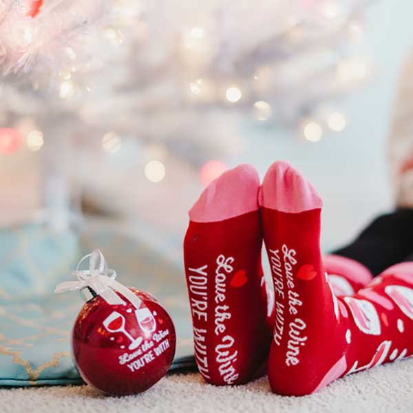 Love The Wine You&#39;re With Christmas socks and ornament woman wearing socks
