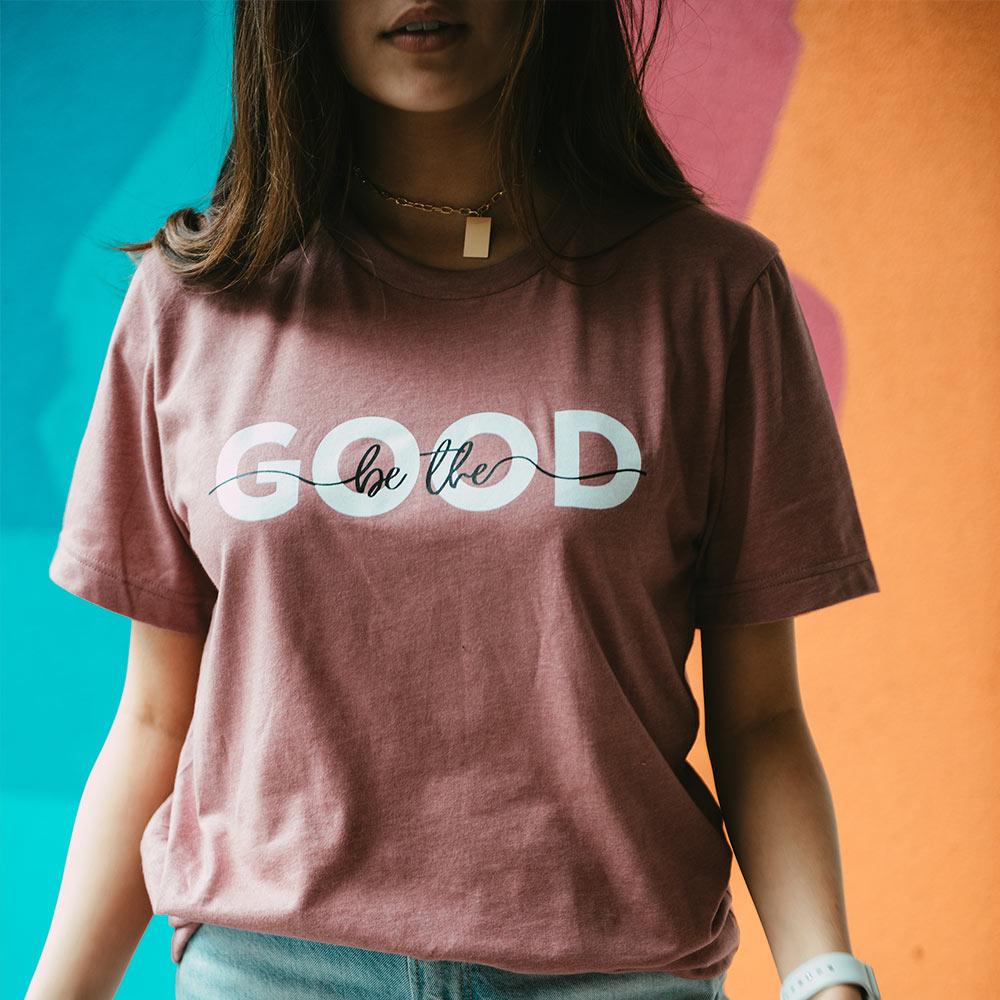 Be The Good women's graphic t-shirt model wearing cool grey from Katydid