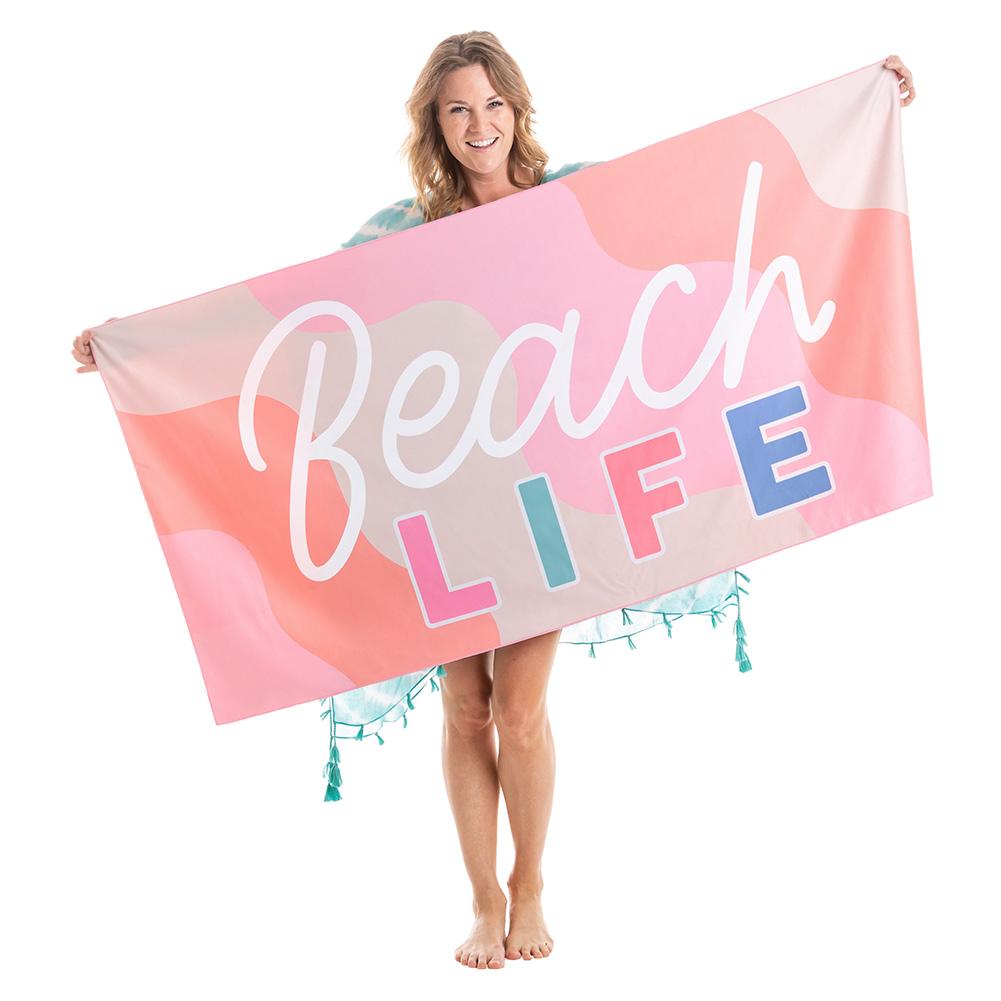 Beach Life quick dry beach towel is super absorbent with model showing trendy design from Katydid