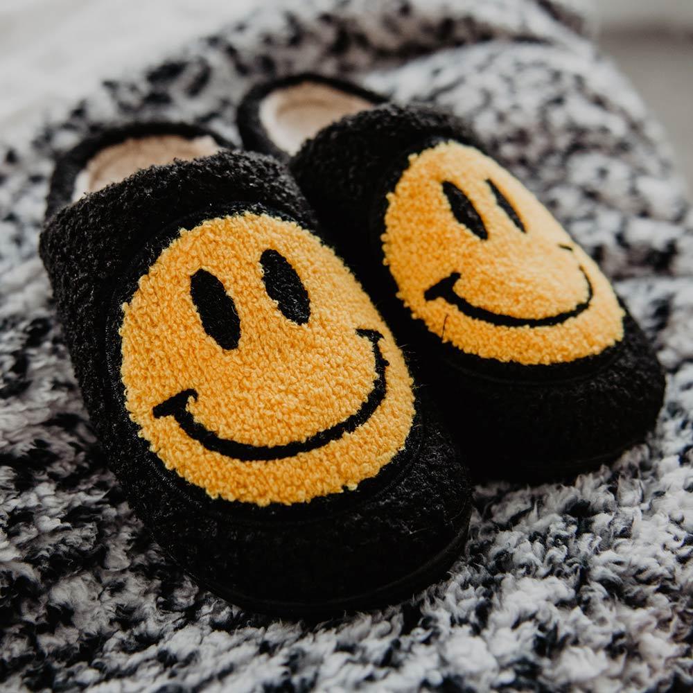 Black Fuzzy Happy Face Slippers Frisco Mercantile