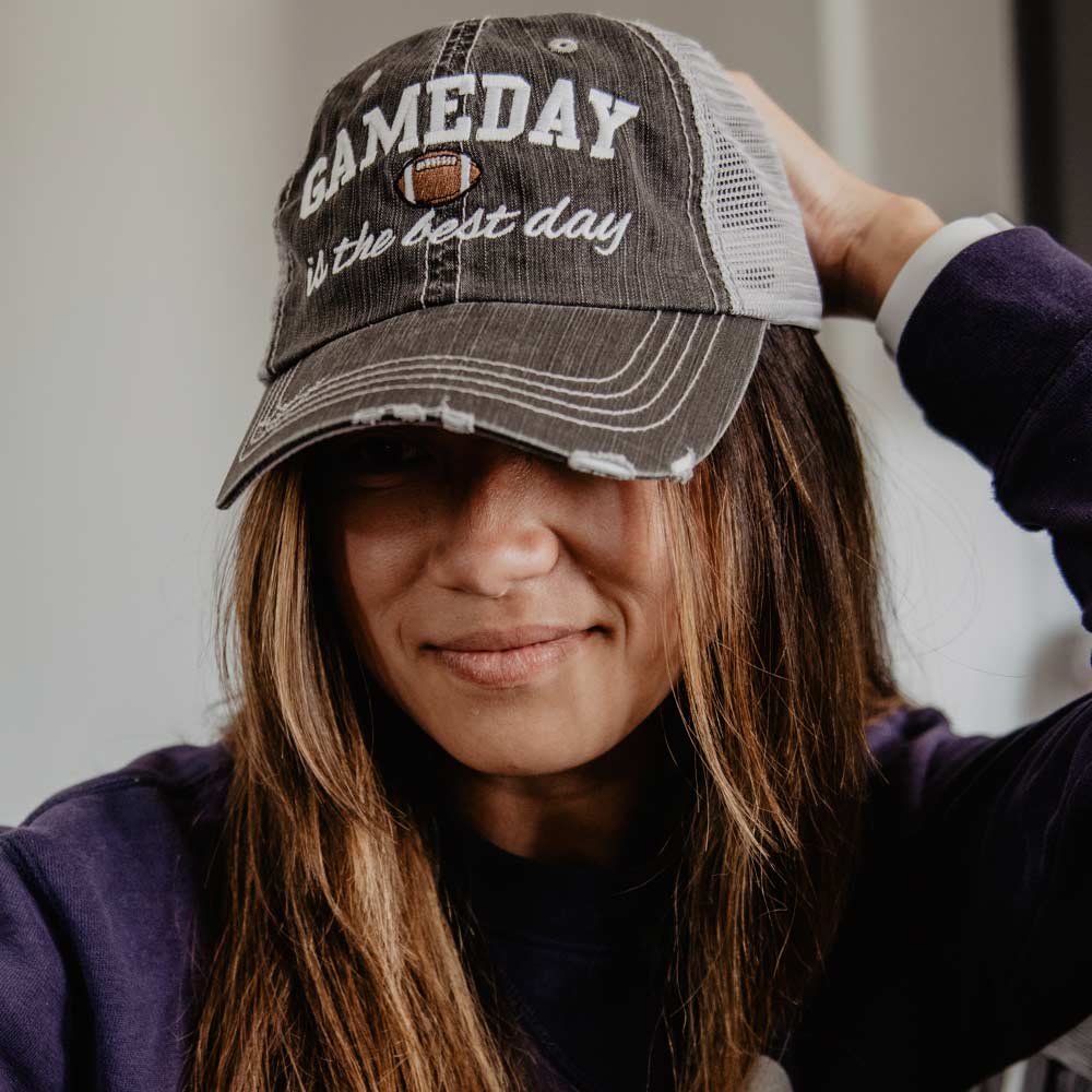 Football Gameday Women's Trucker Hat with embroiderd text and football icon