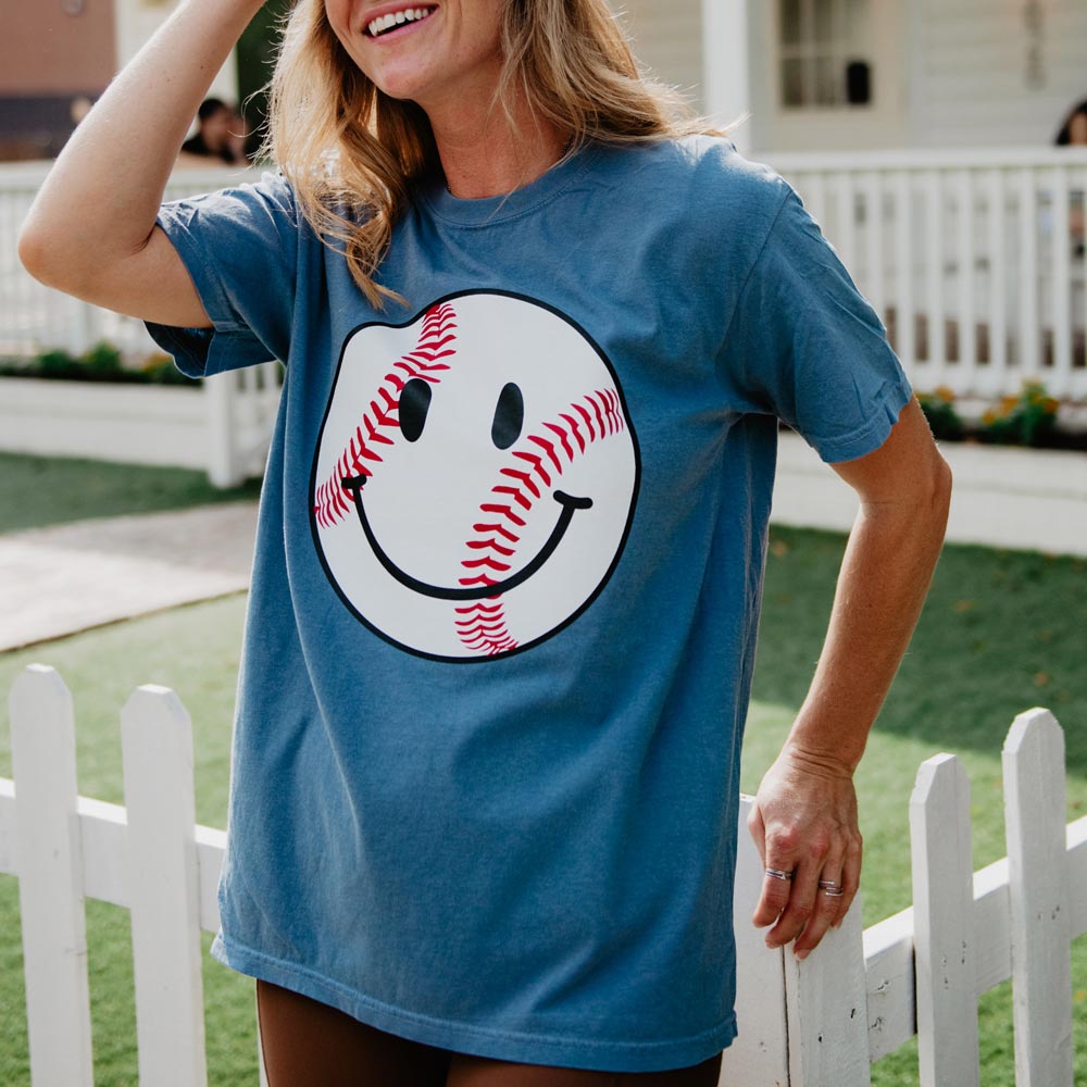 Baseball Happy Face Cute T-Shirt in blue jean