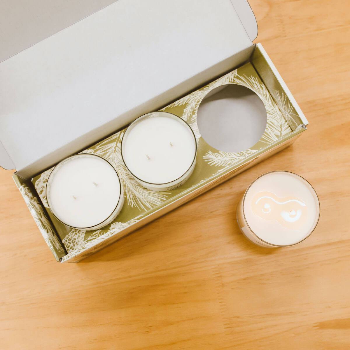 Holiday candle gift set of 3 favorite holiday fragrances soy wax blend made in Texas displayed