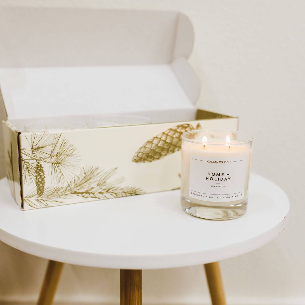 Holiday candle gift set of 3 favorite holiday fragrances soy wax blend made in Texas candle on table