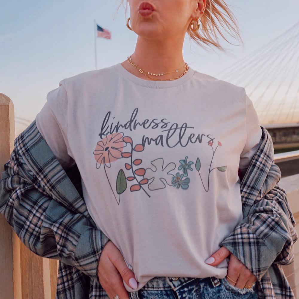 Inspire others with the Kindness Matters women&#39;s t-shirt in 2 soft colors from Katydid
