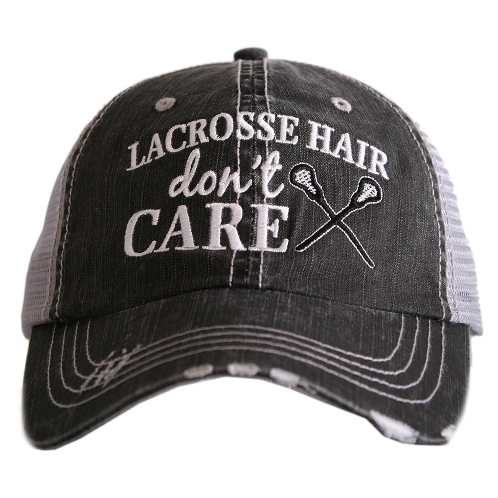 Lacrosse Hair Don&#39;t Care Trucker Hat with white embroidered text