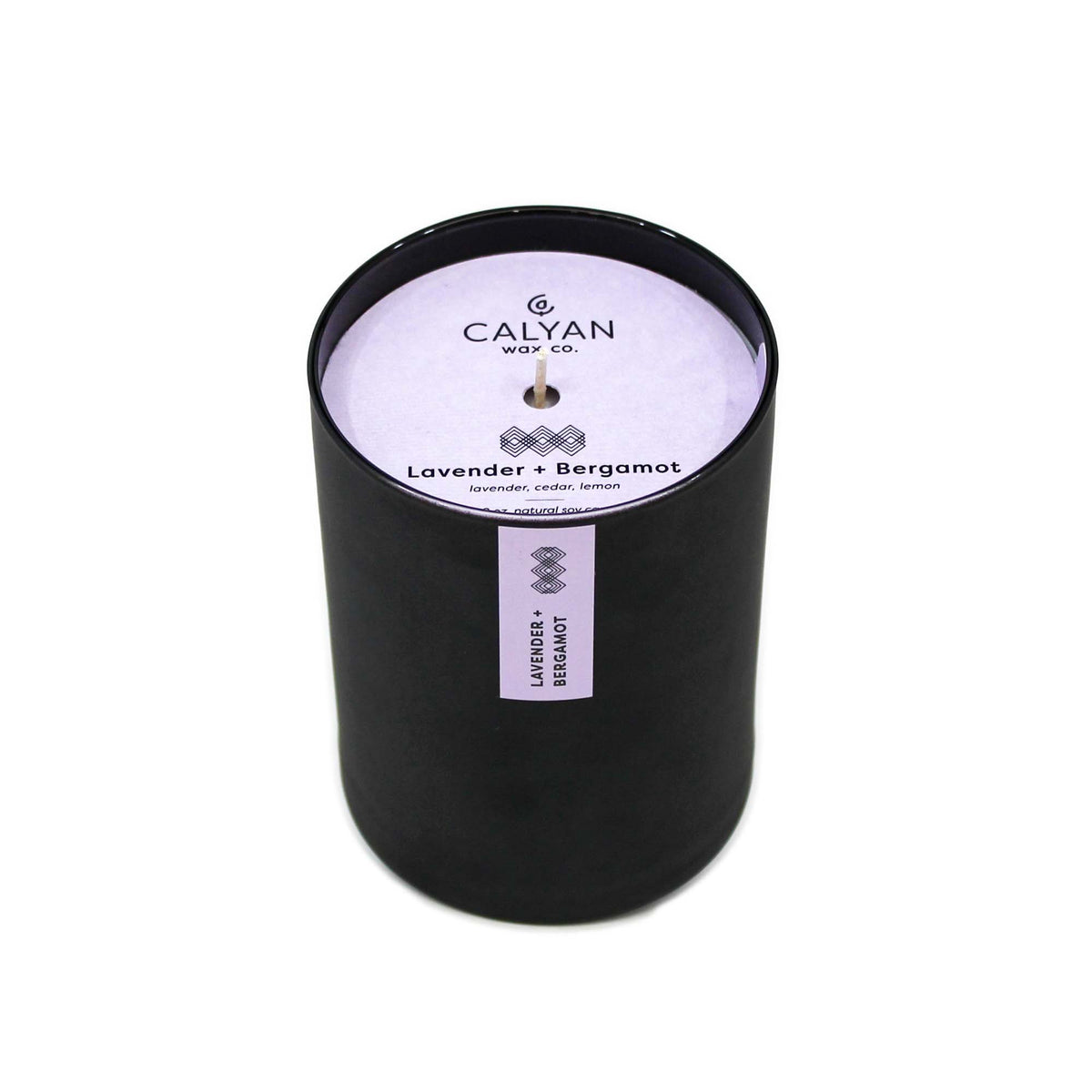 Lavender + Bergamot soy wax candle in black matte glass tumbler from Calyan Wax Co.