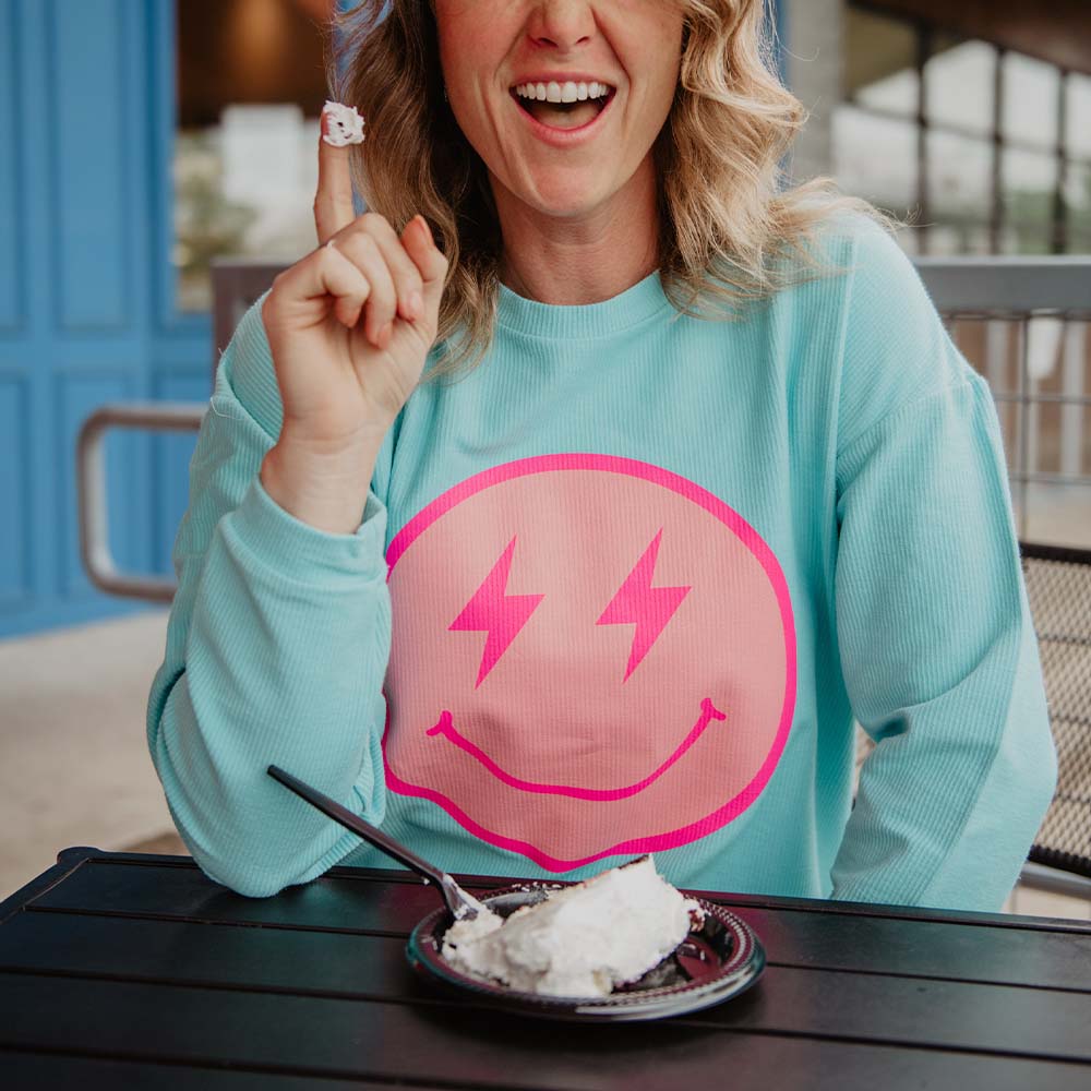 Pink Lightning Happy Face Corded Sweatshirt in aqua