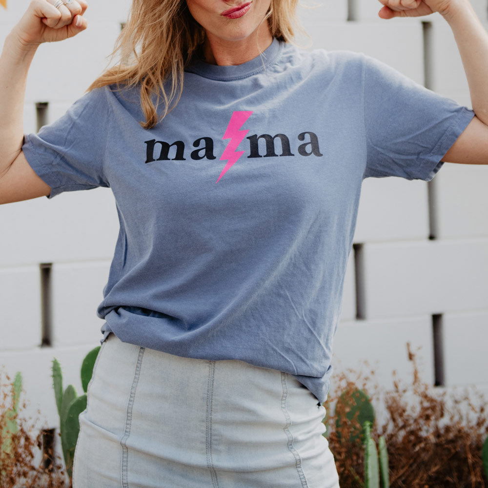 MAMA Lightning Bolt Graphic T-Shirt in blue jean