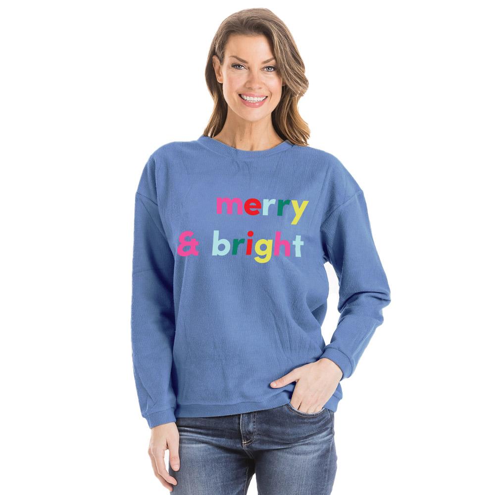 Merry and Bright Corded Christmas Sweatshirt in Blue