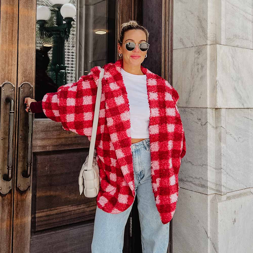 Pink Plaid Lightweight Body Wrap With Hoodie is perfect for cool days or nights