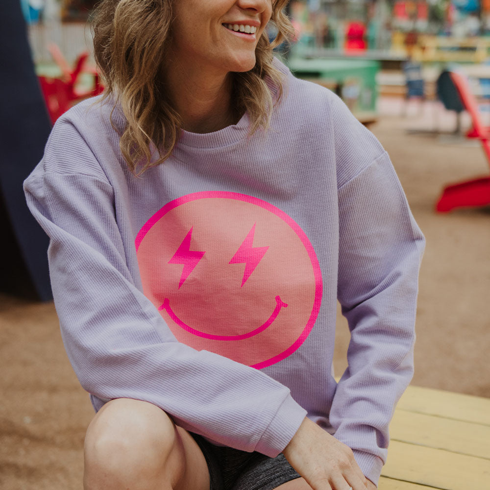 Pink Lightning Happy Face Corded Sweatshirt in purple