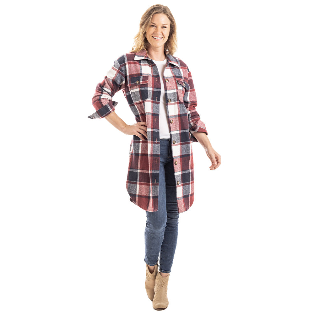 Red and Navy Long Plaid Shacket looks great with skirts or jeans