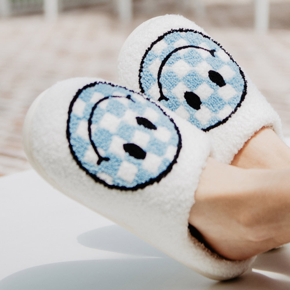 Light Blue Checkered Happy Face Slippers
