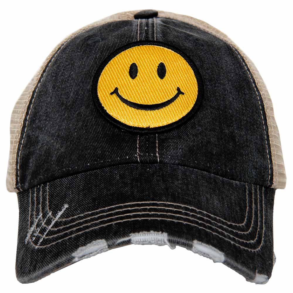 Happy Face Black and Tan Trucker Hat with distressed look
