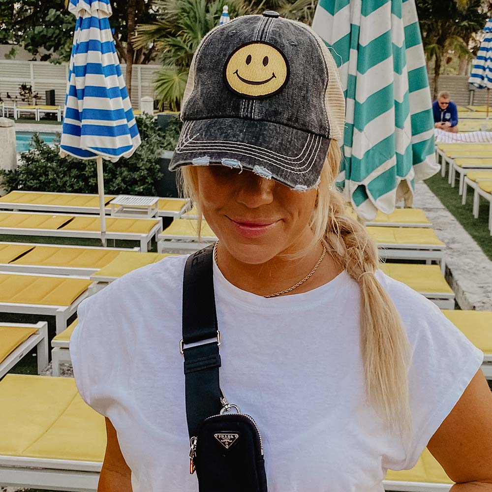 Happy Face Black and Tan Trucker Hat with distressed look