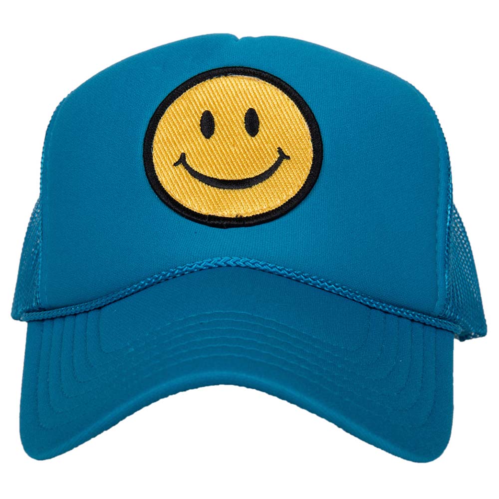Happy Face Foam Trucker Hat with bright and colorful emoji patch
