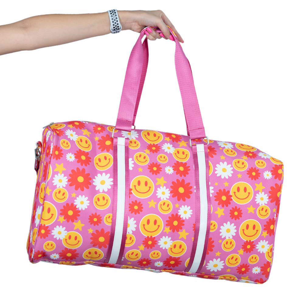 Red Flower Happy Face Duffel Weekender Bag