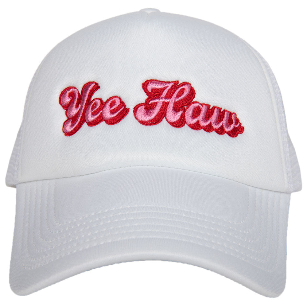 Yee Haw Foam Trucker Hat with pink script emboidered &quot;Yee Haw&quot; on white cap